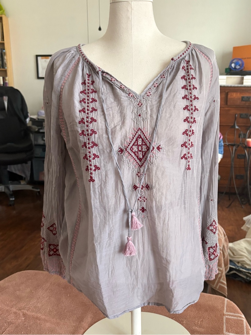 Vintage Johnny Was Light Purple Peasant Tunic with Pink Embroidery